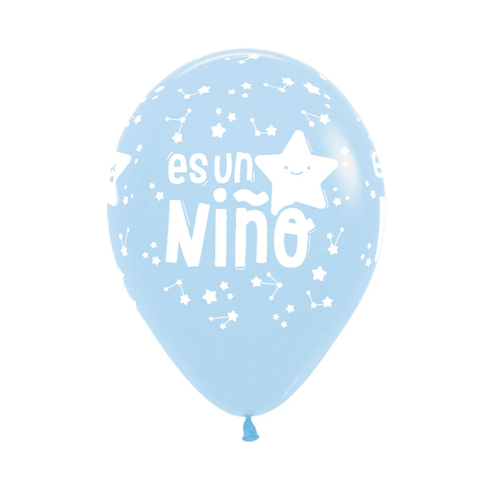 GLOBO LATEX REDONDO INFINITY ES UN NIÑO ESTRELLA PASTEL MATE AZUL