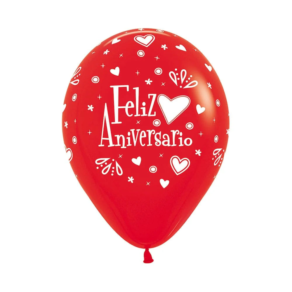 GLOBO LATEX REDONDO INFINITY FELIZ ANIVERSARIO FASHION ROJO