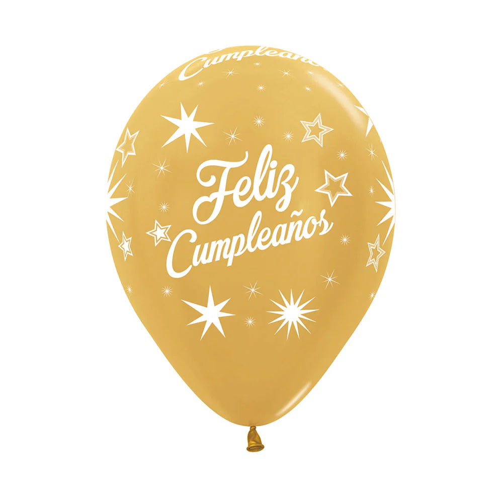 GLOBO LATEX REDONDO INFINITY FELIZ CUMPLEAÑOS DESTELLOS METAL DORADO
