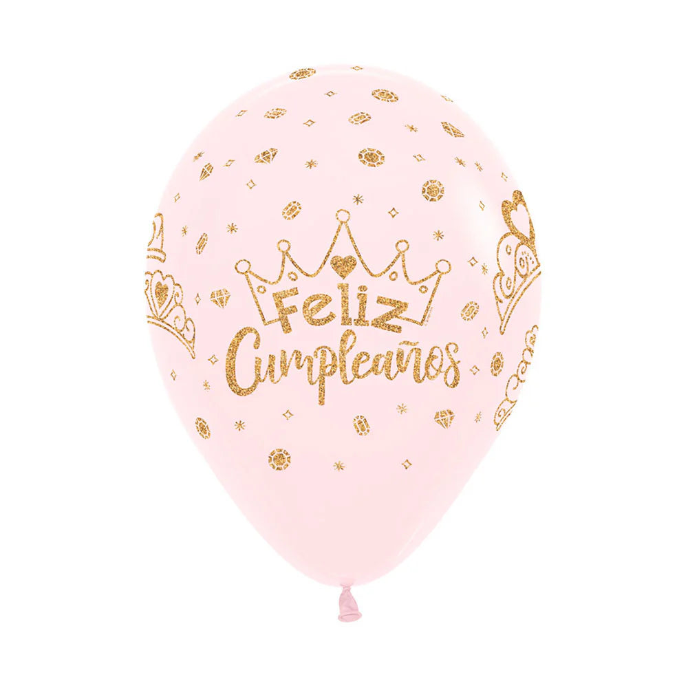GLOBO LATEX REDONDO INFINITY FELIZ CUMPLEAÑOS CORONAS ESCARCHADO PASTEL MATE ROSADO