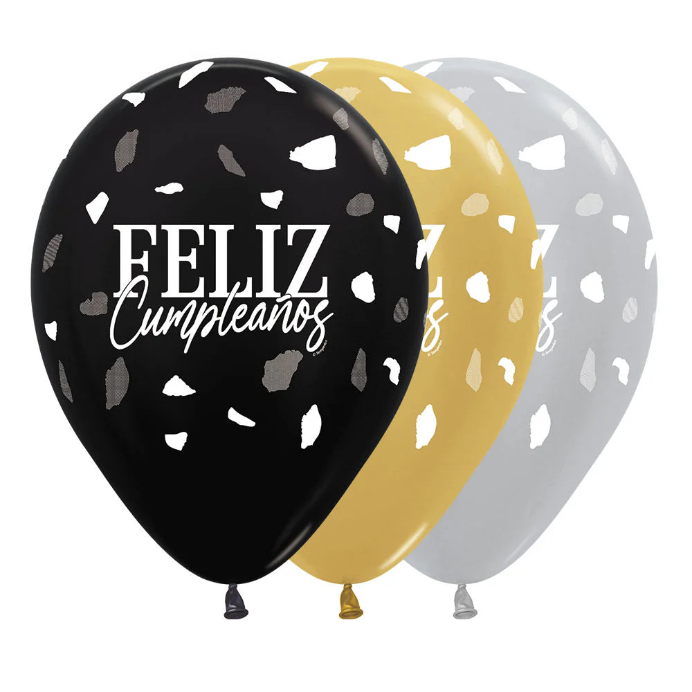 GLOBO LATEX REDONDO INFINITY® FELIZ CUMPLEAÑOS TERRAZO DORADO - NEGRO SATÍN & METAL SURTIDO