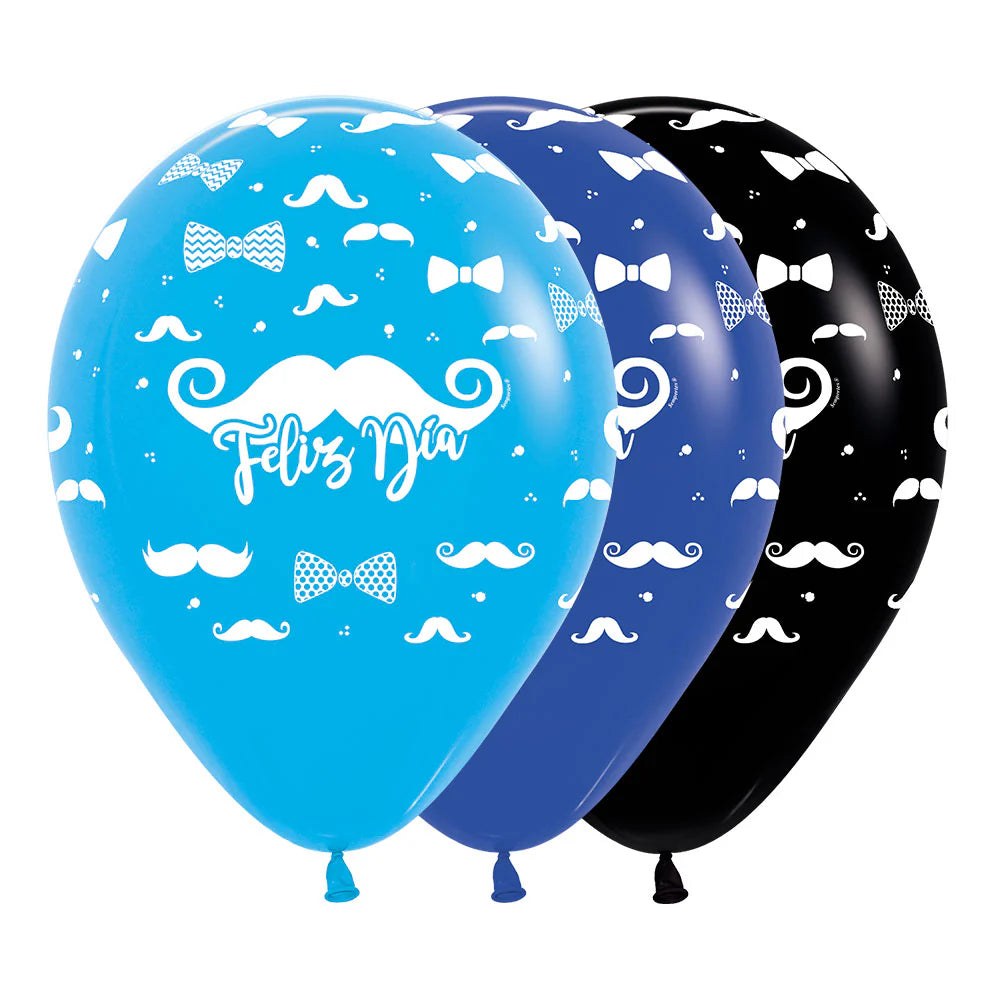 GLOBO LATEX REDONDO INFINITY® FELIZ DIA FIESTA BIGOTES FASHION SURTIDO