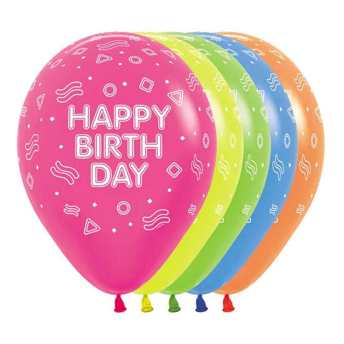 GLOBO LATEX REDONDO INFINITY® HAPPY BIRTHDAY FLUORESCENTE NEON SURTIDO
