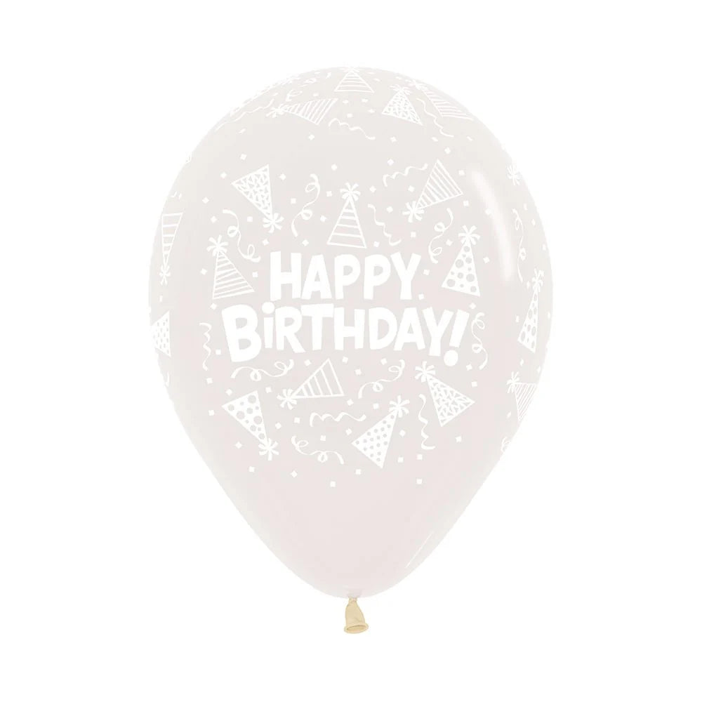 GLOBO LATEX REDONDO INFINITY® HAPPY BIRTHDAY GORRITOS FASHION TRANSPARENTE