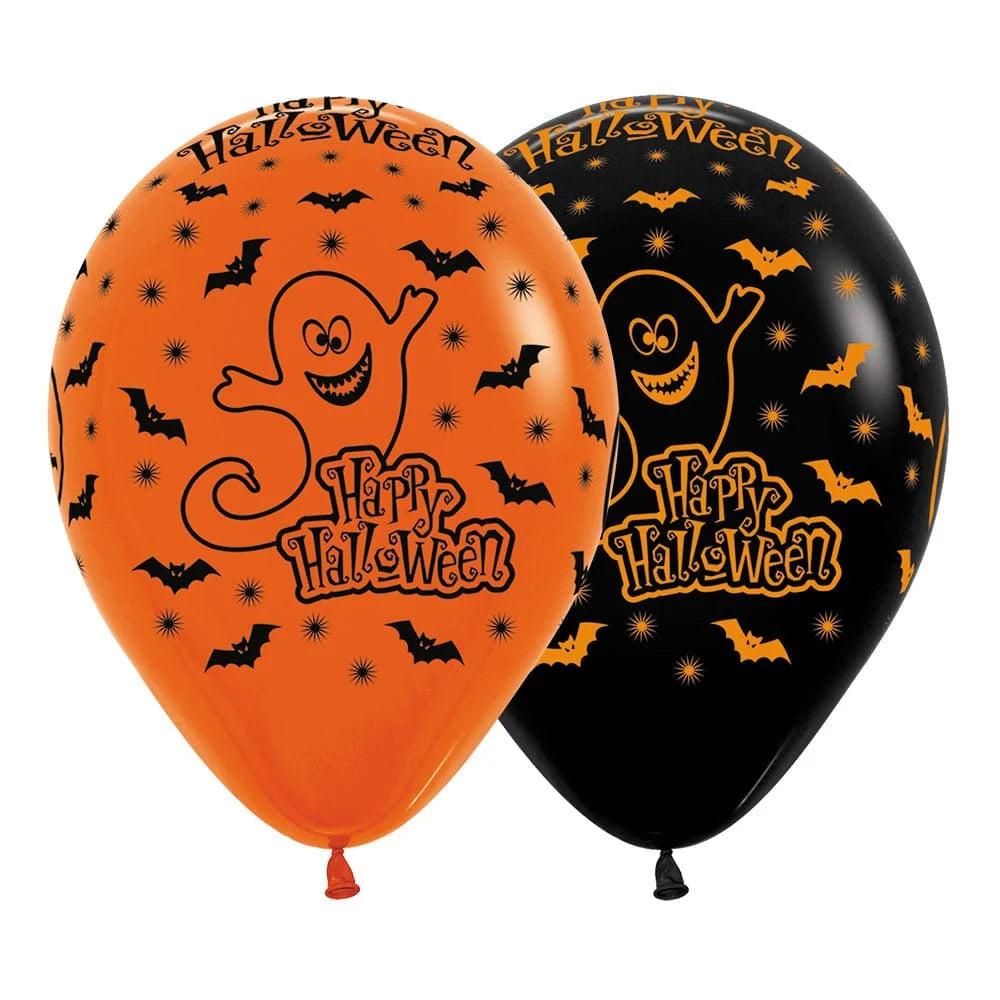 GLOBO LATEX REDONDO INFINITY® HAPPY HALLOWEEN FASHION SURTIDO NEGRO- NARANJA