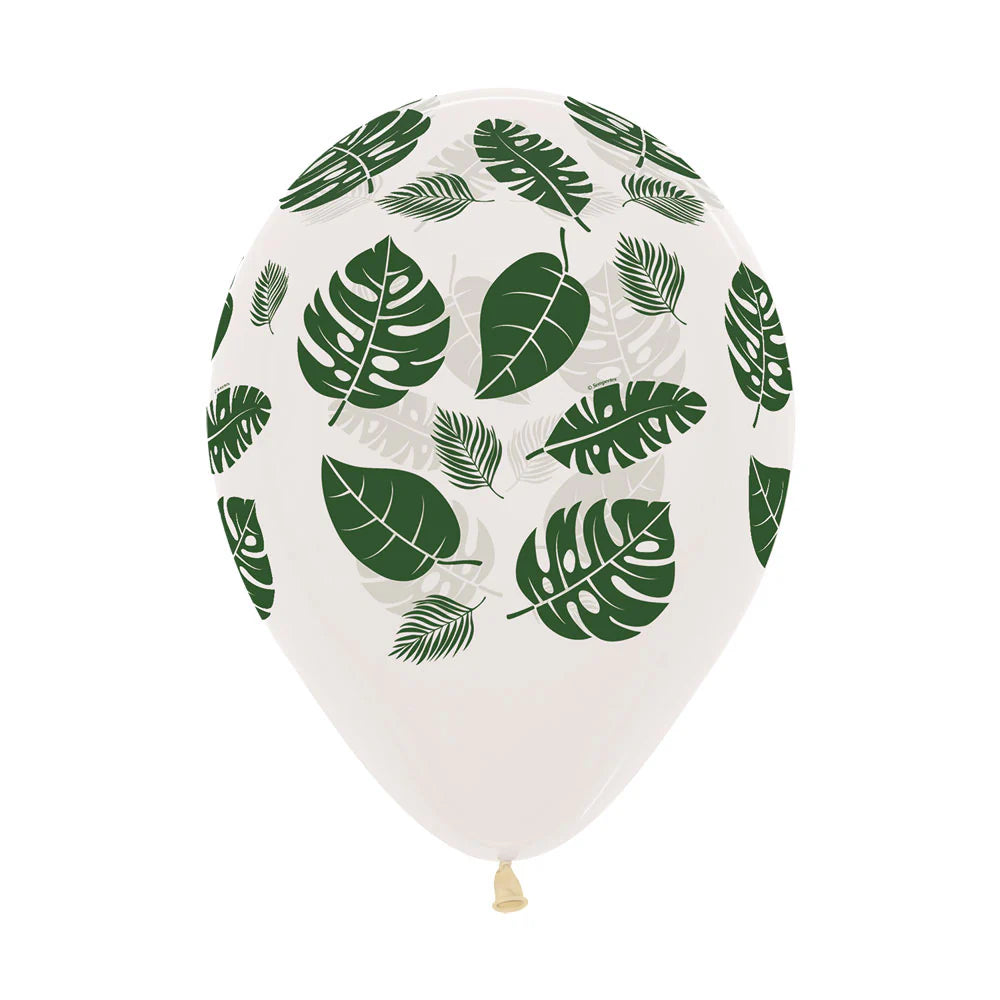 GLOBO LATEX REDONDO INFINITY® HOJAS VERDE SELVA CRISTAL TRANSPARENTE