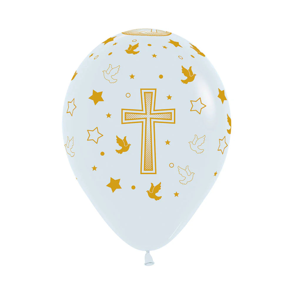 GLOBO LATEX REDONDO INFINITY® MI PRIMERA COMUNION CRUZ SATIN PERLA