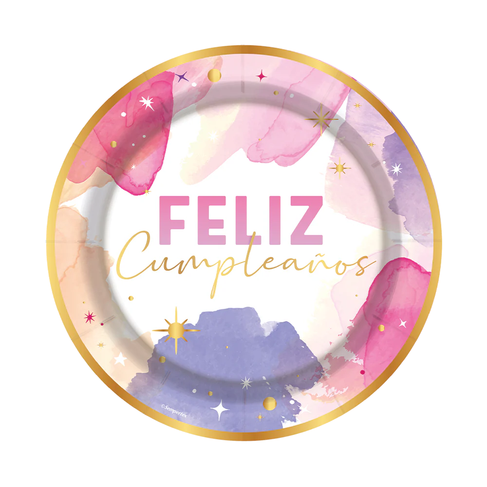 PLATO FIESTA FELIZ CUMPLEAÑOS ACUARELA
