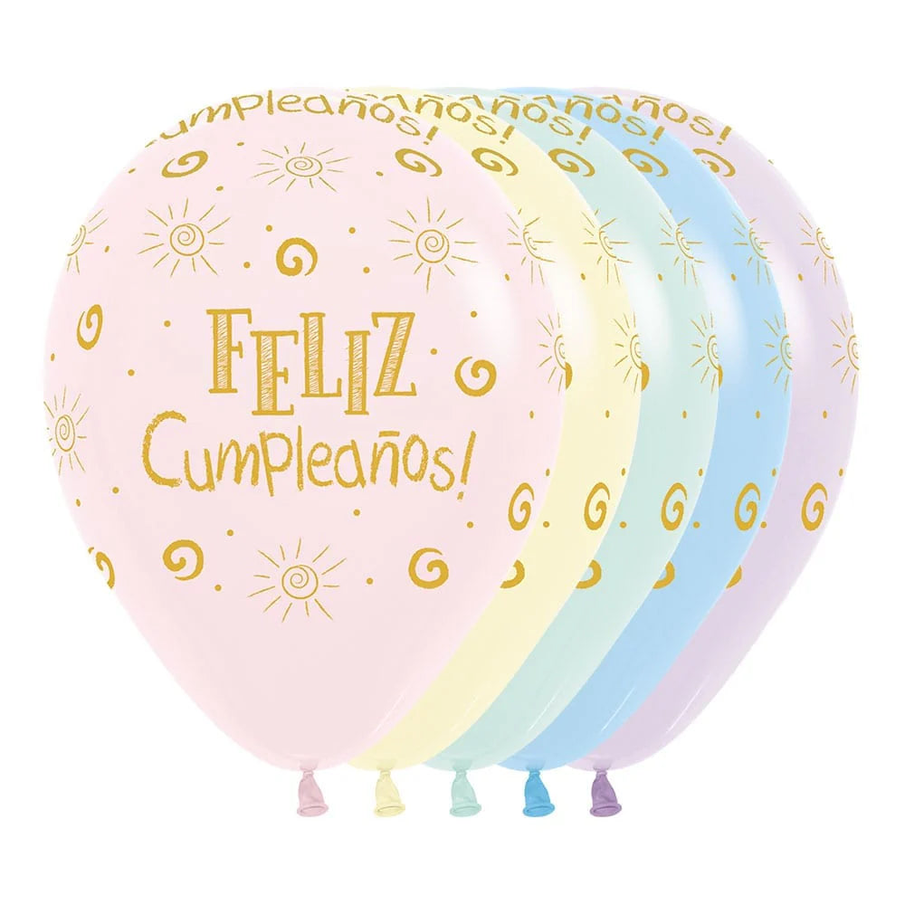 GLOBO LATEX REDONDO INFINITY® FELIZ CUMPLEAÑOS RAYITO DE SOL PASTEL MATE SURTIDO