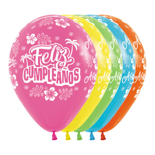 GLOBO LATEX REDONDO INFINITY® FELIZ CUMPLEAÑOS HAWAIANO FASHION SURTIDO TROPICAL