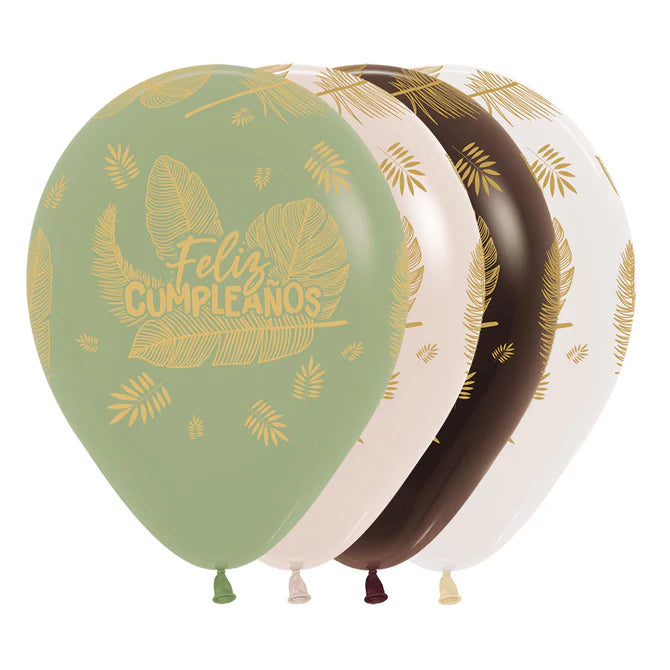 GLOBO LATEX REDONDO INFINITY® FELIZ CUMPLEAÑOS HOJAS TROPICALES FASHION Y CRISTAL SURTIDO