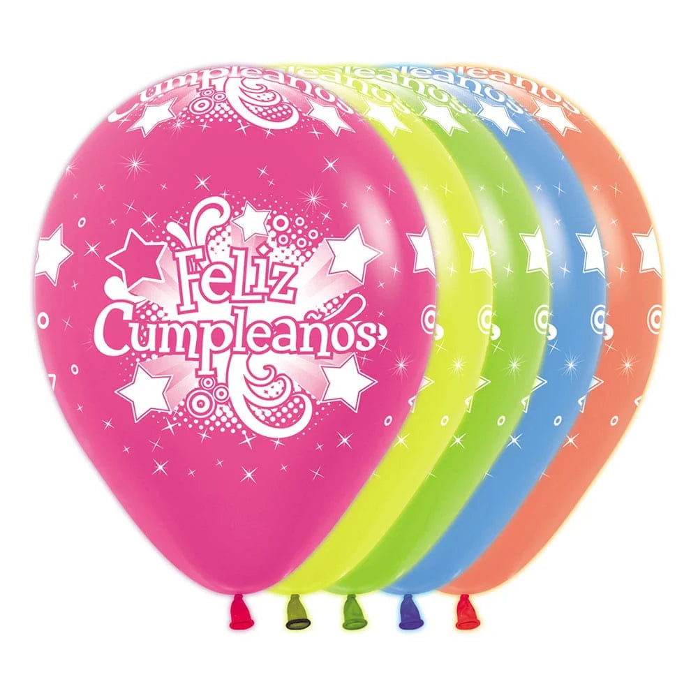 GLOBO LATEX REDONDO INFINITY® FELIZ CUMPLEAÑOS NEON SURTIDO
