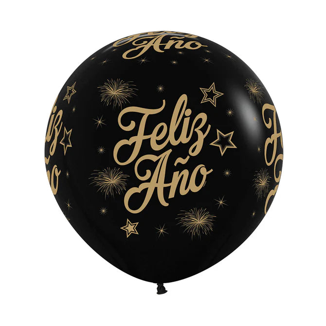 GLOBO LATEX REDONDO INFINITY FELIZ AÑO ESTRELLAS FASHION NEGRO