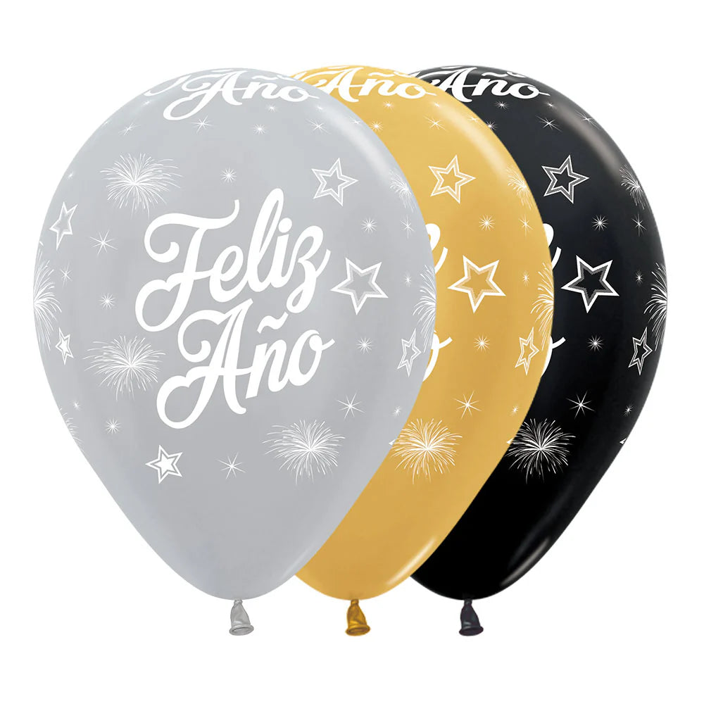 GLOBO LATEX REDONDO INFINITY FELIZ AÑO ESTRELLAS SATIN Y METAL SURTIDO DELUXE
