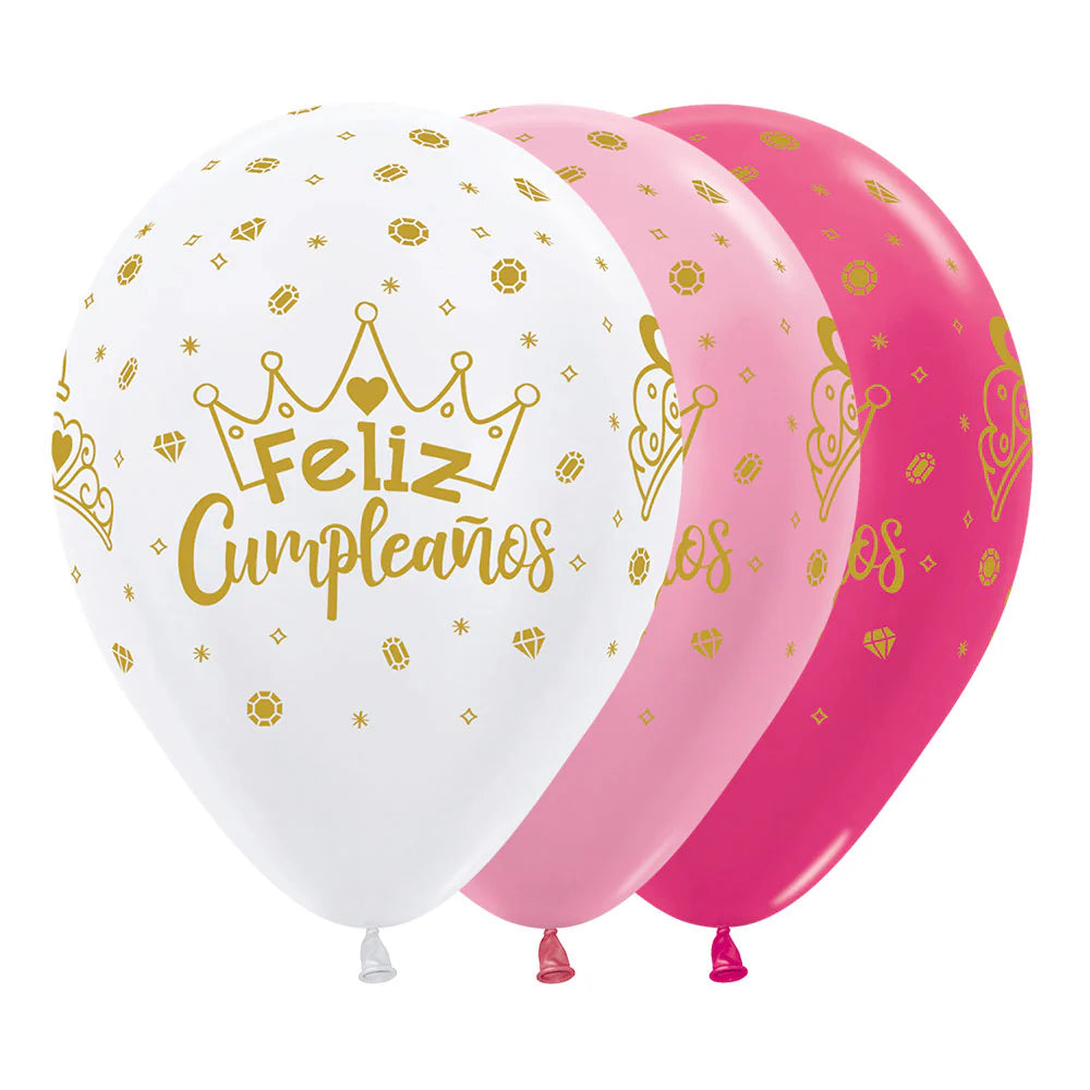 GLOBO LATEX REDONDO INFINITY FELIZ CUMPLEAÑOS CORONAS SATIN Y METAL SURTIDO
