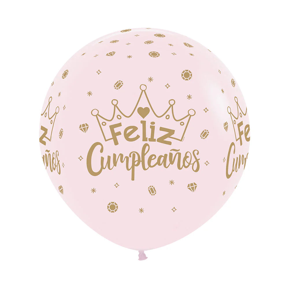 GLOBO LATEX REDONDO INFINITY FELIZ CUMPLEAÑOS CORONAS PASTEL MATE ROSADO