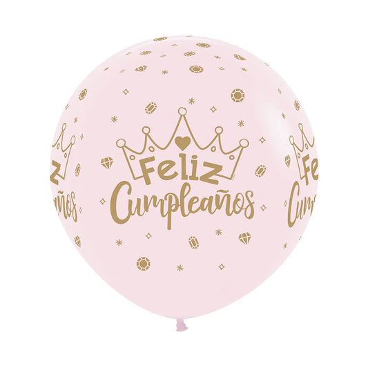 GLOBO LATEX REDONDO INFINITY FELIZ CUMPLEAÑOS CORONAS PASTEL MATE ROSADO