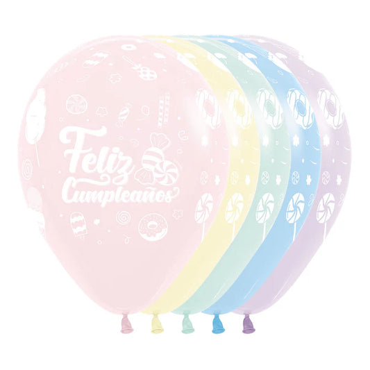 GLOBO LATEX REDONDO INFINITY® FELIZ CUMPLEAÑOS DULCE PASTEL MATE SURTIDO