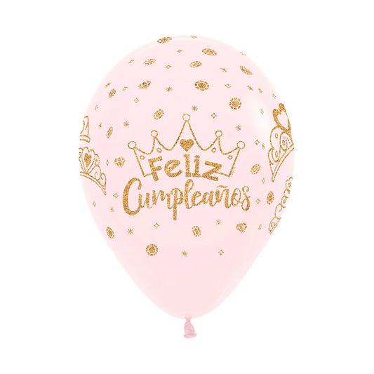 GLOBO LATEX REDONDO INFINITY FELIZ CUMPLEAÑOS CORONAS ESCARCHADO PASTEL MATE ROSADO