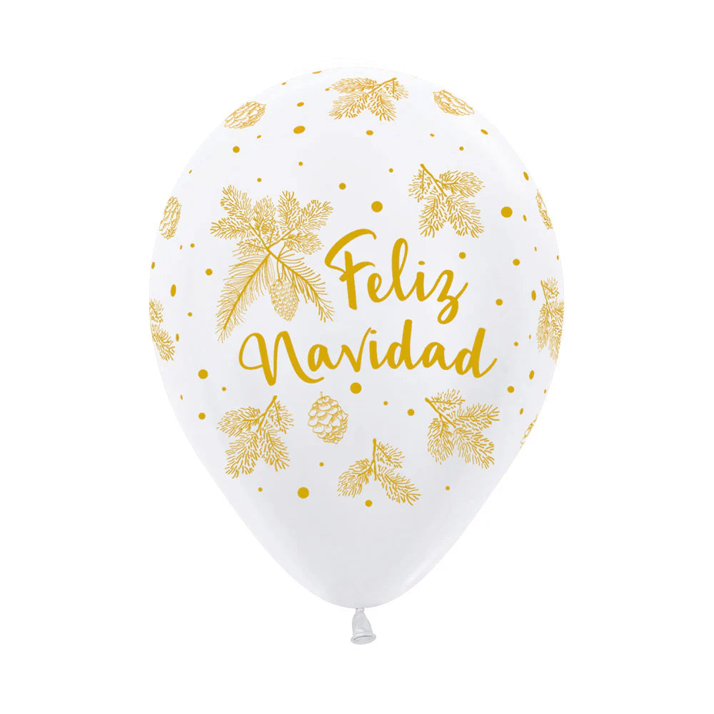 GLOBO LATEX REDONDO INFINITY® FELIZ NAVIDAD DORADA FASHION BLANCO