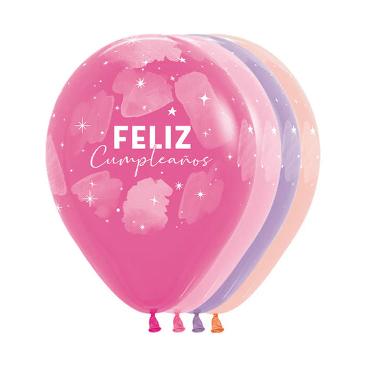 GLOBO LATEX REDONDO INFINITY® FELIZ CUMPLEAÑOS FIESTA ACUARELA FASHION SURTIDO