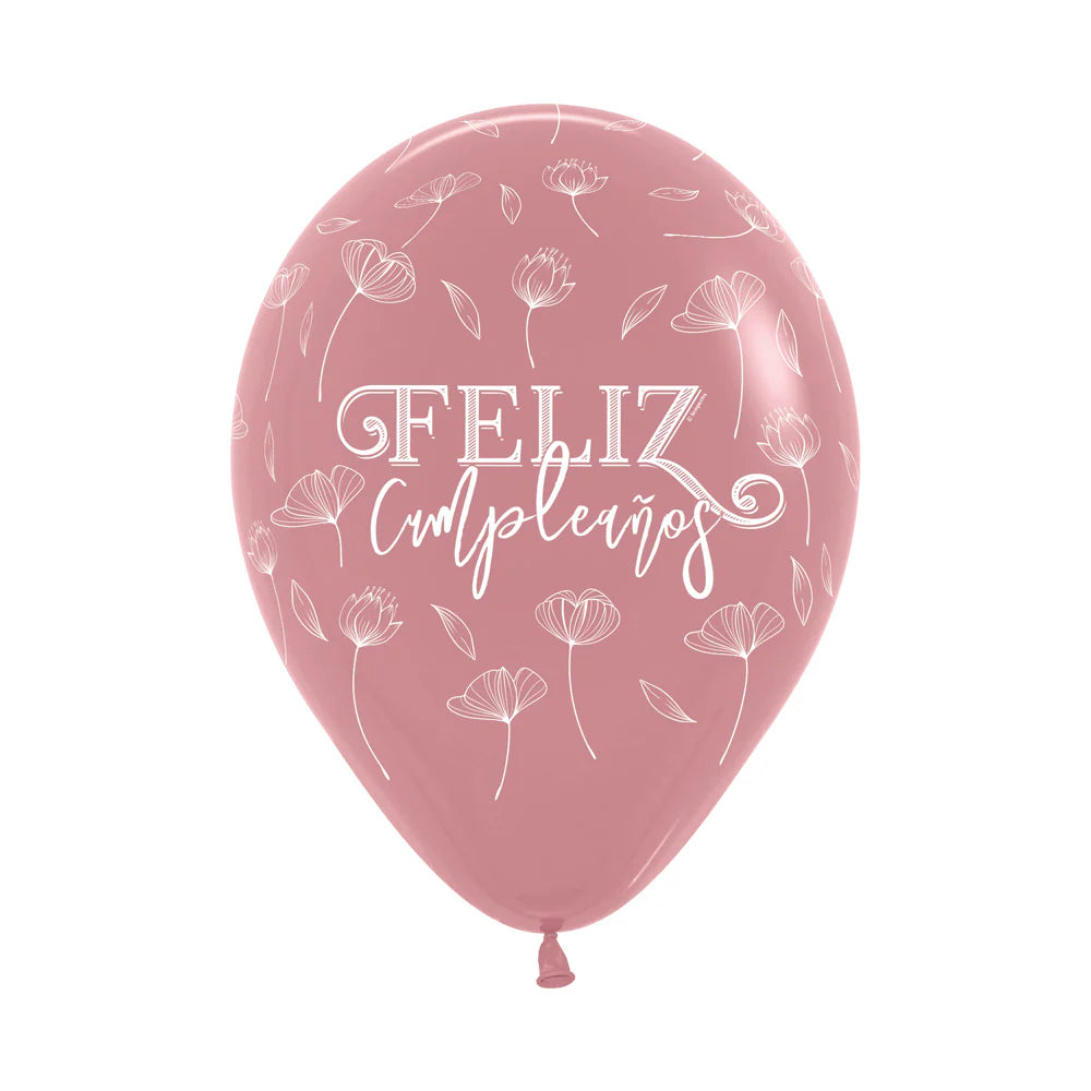 GLOBO LATEX REDONDO INFINITY® FELIZ CUMPLEAÑOS FLORES FASHION PALO DE ROSA
