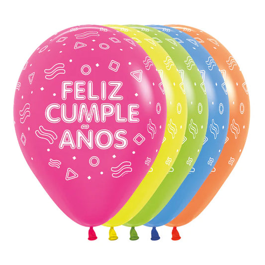 GLOBO LATEX REDONDO INFINITY® FELIZ CUMPLEAÑOS FLUORESCENTE NEON SURTIDO