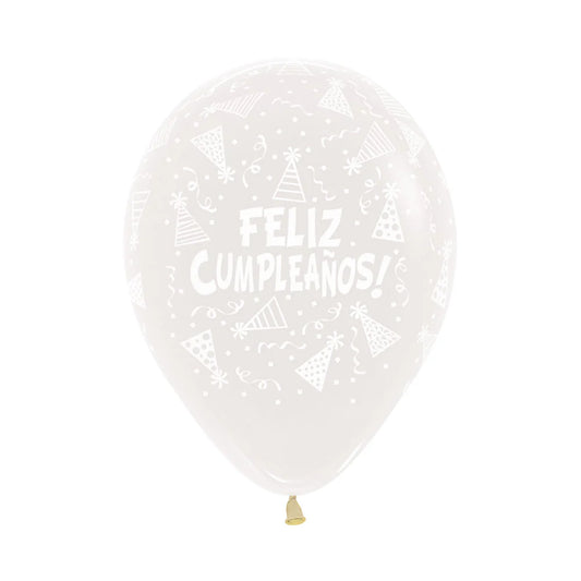 GLOBO LATEX REDONDO INFINITY® FELIZ CUMPLEAÑOS GORRITOS FASHION TRANSPARENTE