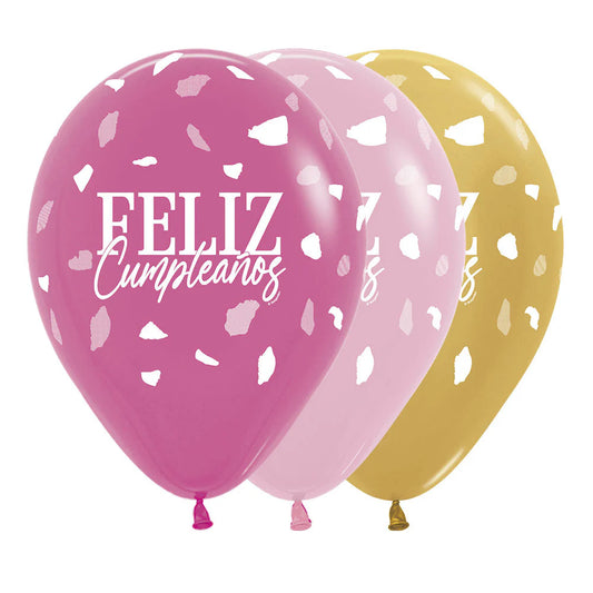 GLOBO LATEX REDONDO INFINITY® FELIZ CUMPLEAÑOS TERRAZO FUCSIA SURTIDO FASHION & METAL