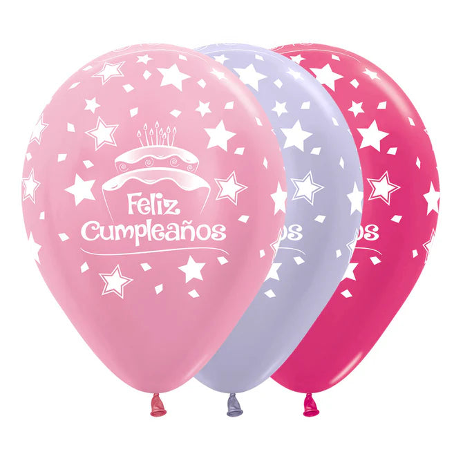 GLOBO LATEX REDONDO INFINITY® FELIZ CUMPLEAÑOS TORTA SATIN Y METAL SURTIDO