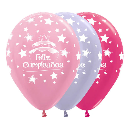 GLOBO LATEX REDONDO INFINITY® FELIZ CUMPLEAÑOS TORTA SATIN Y METAL SURTIDO