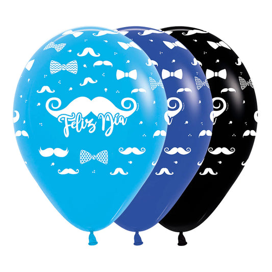 GLOBO LATEX REDONDO INFINITY® FELIZ DIA FIESTA BIGOTES FASHION SURTIDO