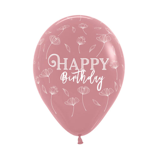 GLOBO LATEX REDONDO INFINITY® HAPPY BIRTHDAY FLORES FASHION PALO DE ROSA