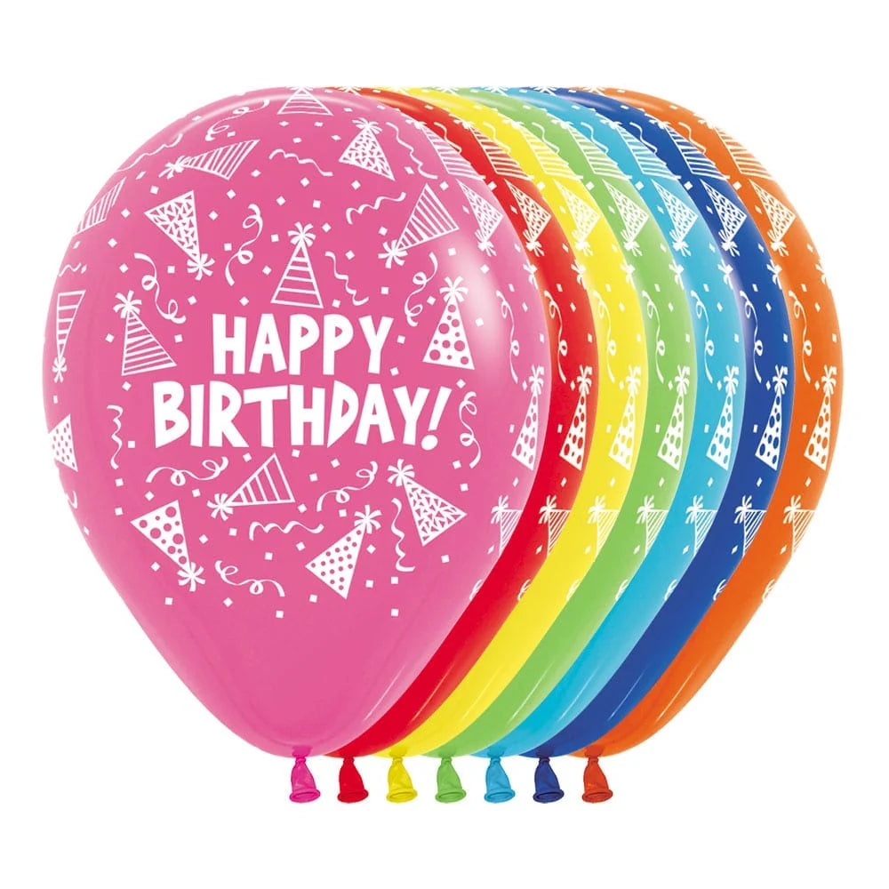 GLOBO LATEX REDONDO INFINITY® HAPPY BIRTHDAY GORRITOS FASHION SURTIDO