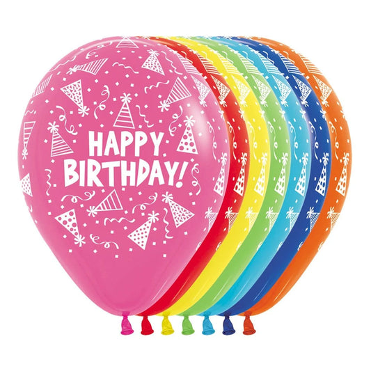 GLOBO LATEX REDONDO INFINITY® HAPPY BIRTHDAY GORRITOS FASHION SURTIDO