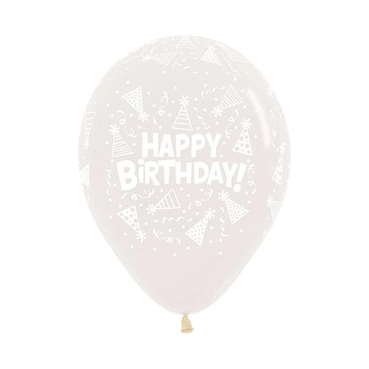 GLOBO LATEX REDONDO INFINITY® HAPPY BIRTHDAY GORRITOS FASHION TRANSPARENTE