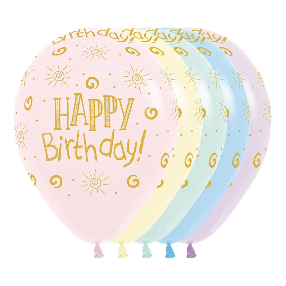 GLOBO LATEX REDONDO INFINITY® HAPPY BIRTHDAY RAYITO DE SOL MATE PASTEL MATE SURTIDO
