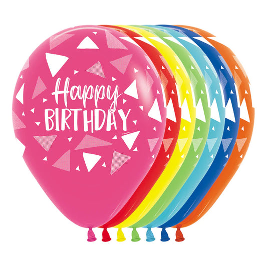 GLOBO LATEX REDONDO INFINITY® HAPPY BIRTHDAY TRIANGULOS FASHION SURTIDO