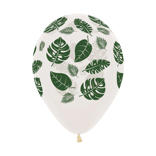 GLOBO LATEX REDONDO INFINITY® HOJAS VERDE SELVA CRISTAL TRANSPARENTE