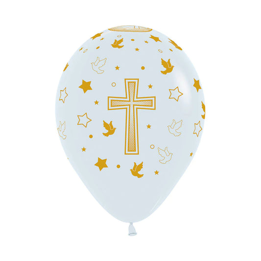 GLOBO LATEX REDONDO INFINITY® MI PRIMERA COMUNION CRUZ SATIN PERLA