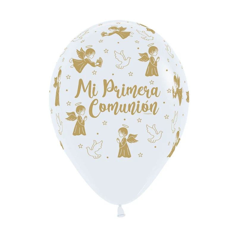 GLOBO LATEX REDONDO INFINITY® MI PRIMERA COMUNION PALOMAS FASHION BLANCO