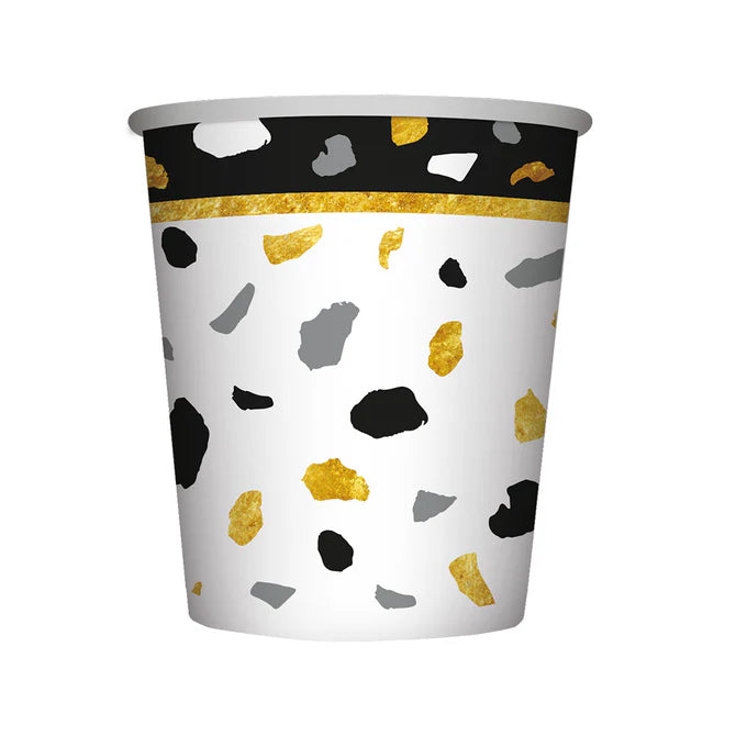 VASO TERRAZO FELIZ CUMPLEAÑOS DORADO Y NEGRO